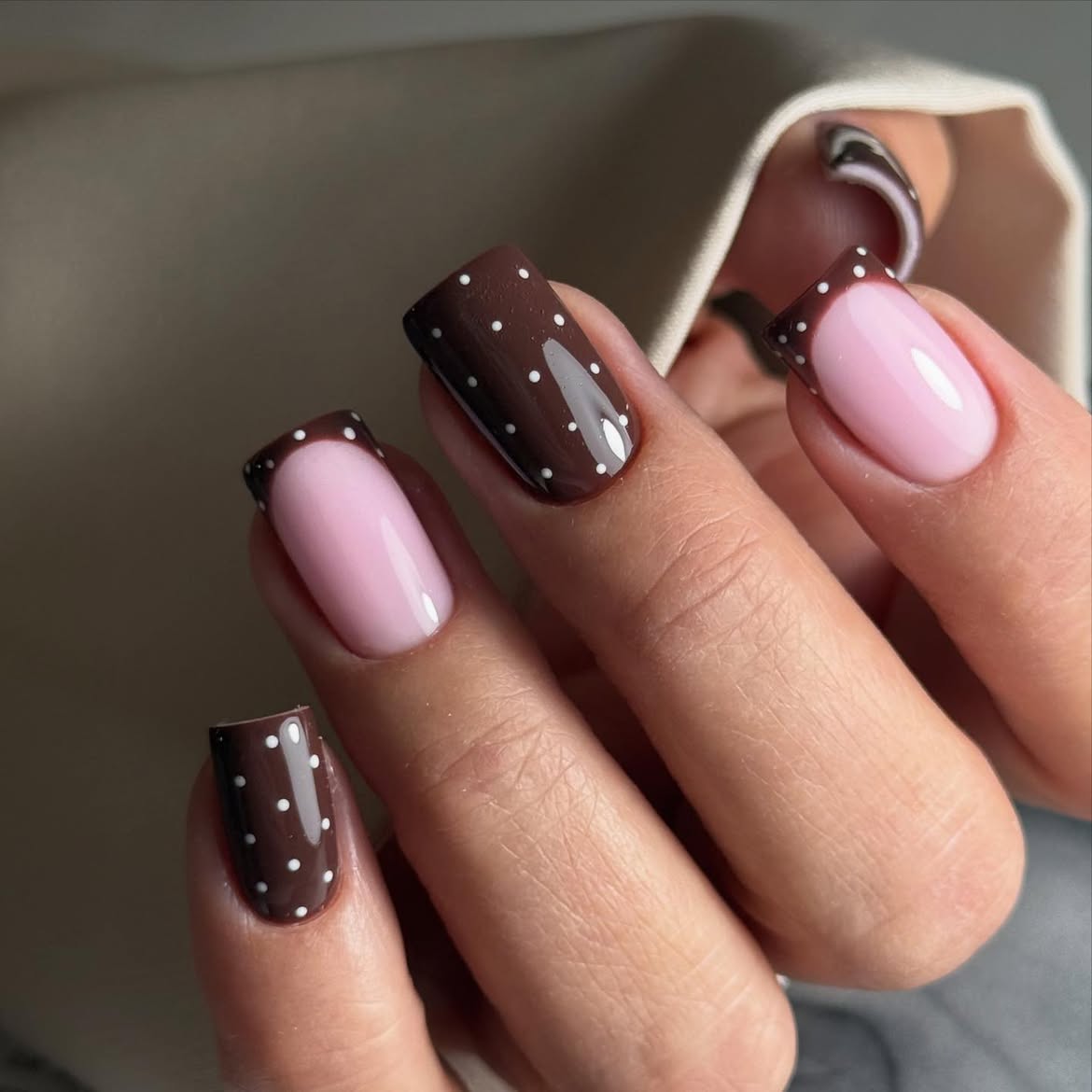 Brown Polka Dot French Tip Nails
