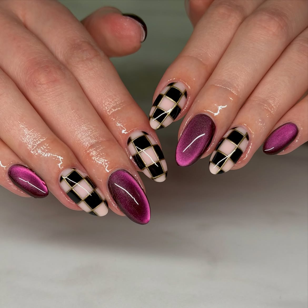 Checkerboard & Cat Eye Almond Nails