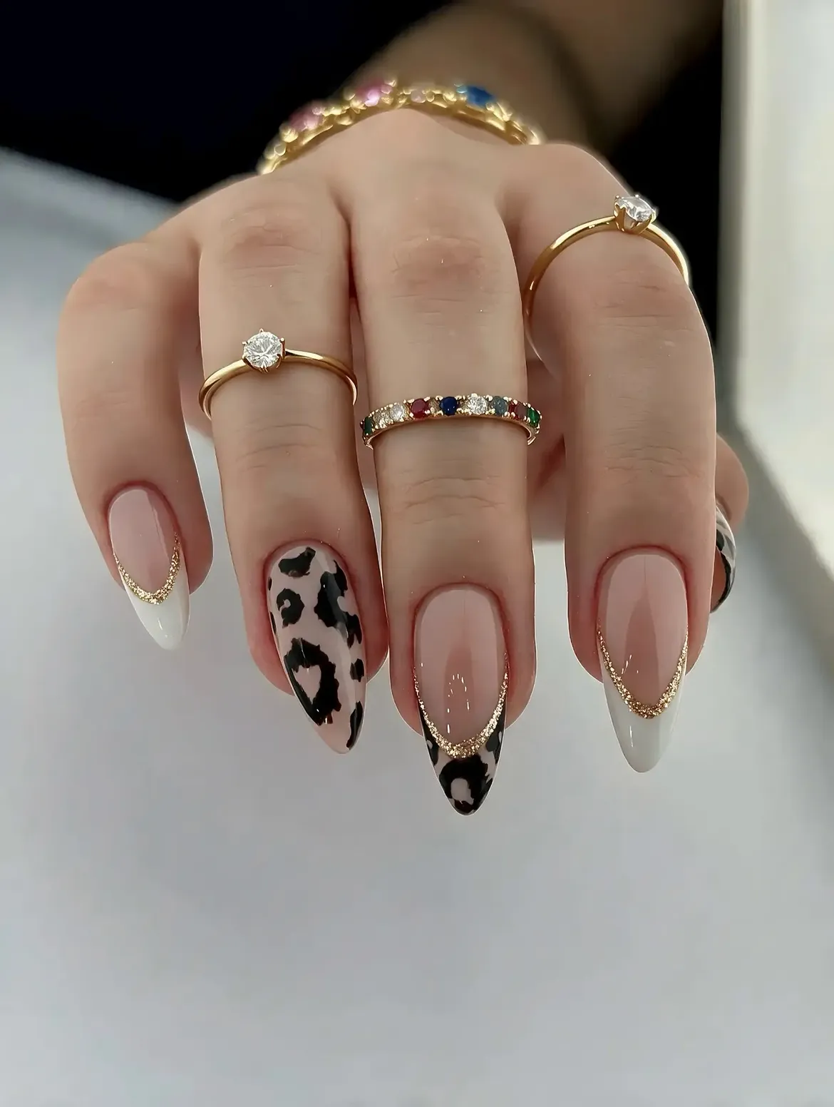 Chic Leopard Print and Gold Glitter French Tips
