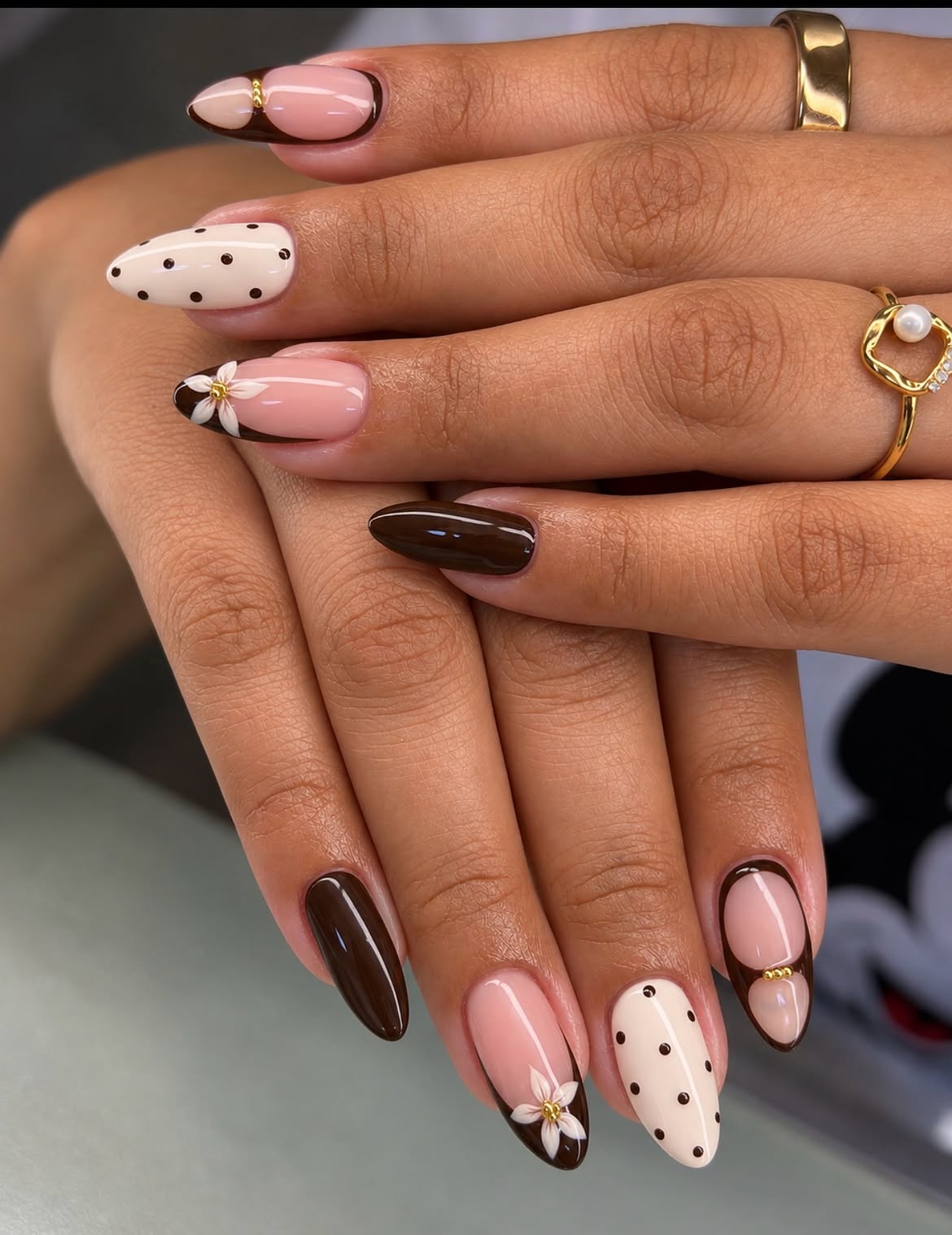 Chocolate Milk French Tip Floral Accent Nails