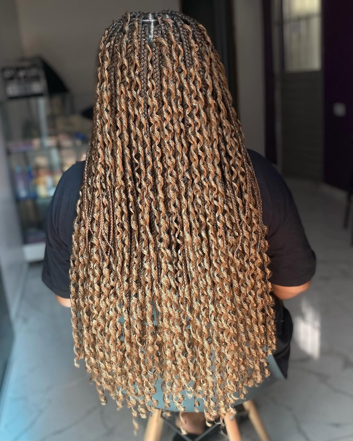 Long Honey Blonde Goddess Braids With Curly Ends