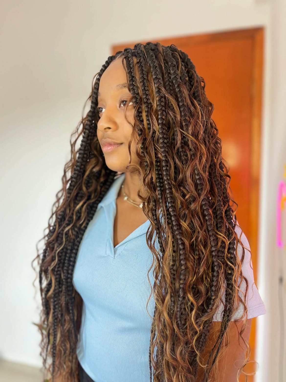 Long Wavy Goddess Braids With Caramel Highlights
