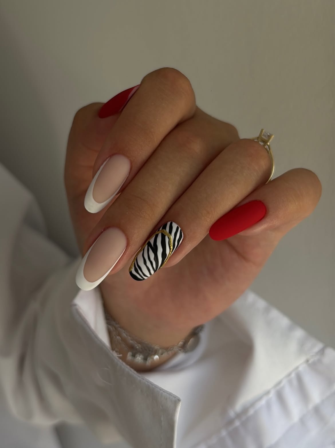Matte Red & Zebra Print Almond French Tips
