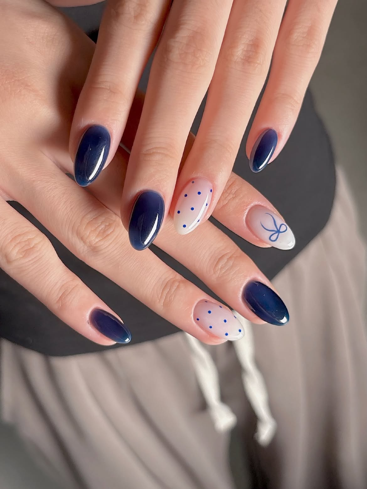Navy Blue & Polka Dot Oval Nails