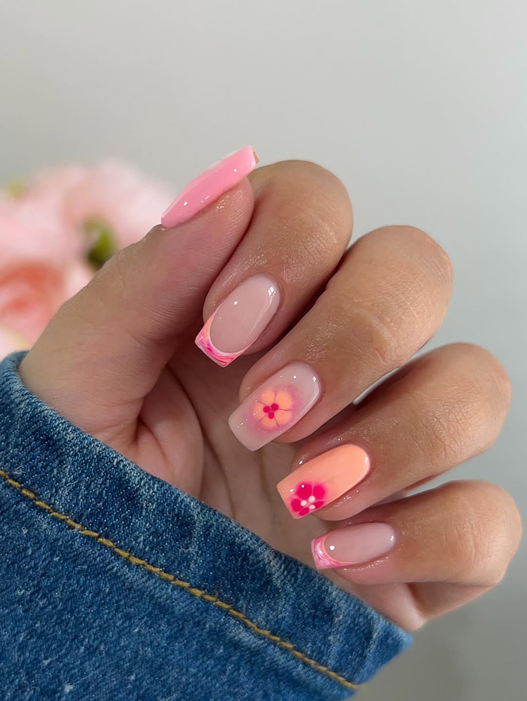 Neon Pink Floral French Tip Nail Art