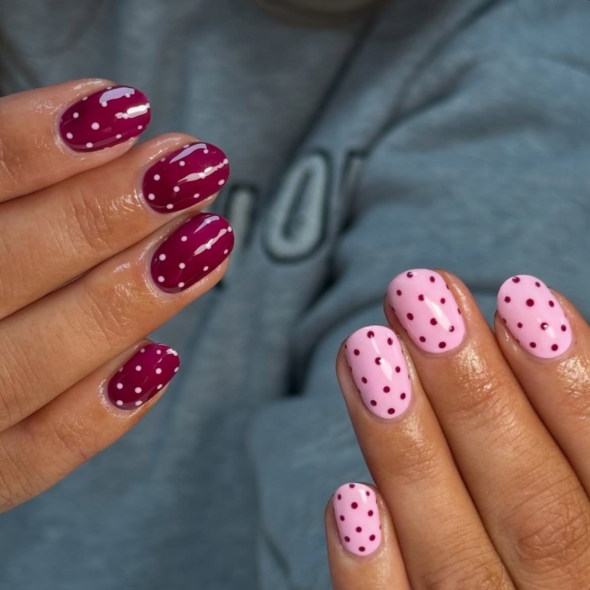 Pink and Burgundy Polka Dot Oval Nails