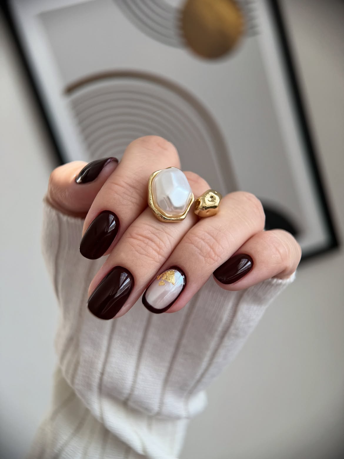 Rich Espresso French Tip with Gold Foil Accent