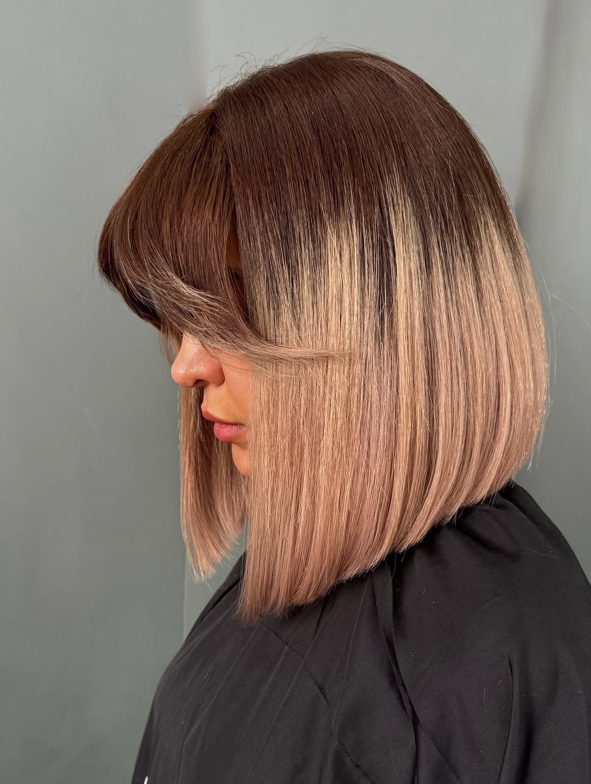 Rose Gold Ombre Blunt Bob With Curtain Bangs