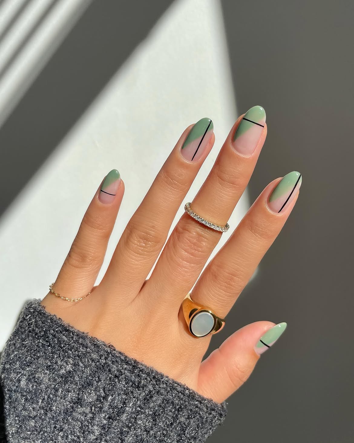 Sage Green Ombre Abstract Line Almond Nails