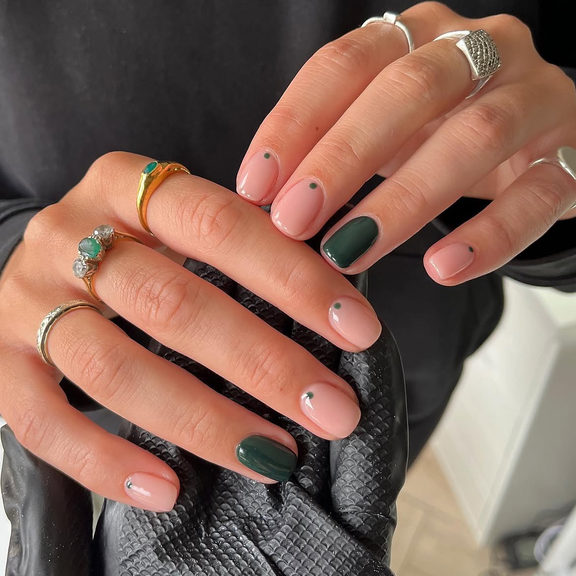 Soft Pink and Forest Green Oval Nails