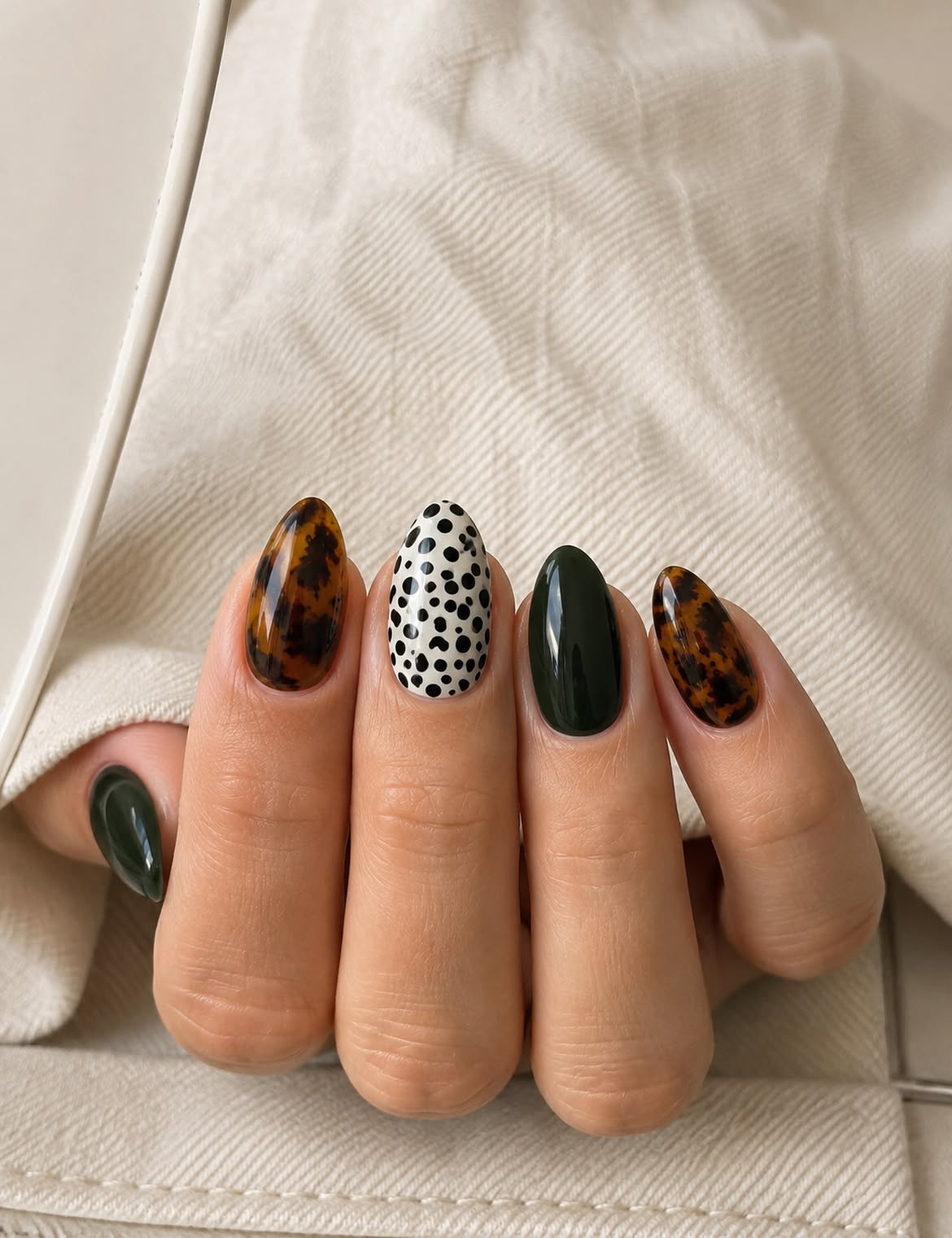 Tortoiseshell and Dalmatian Print Almond Nails